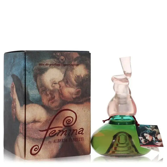 Women’s perfume bottle with green base and white cap beside the matching Femina box.