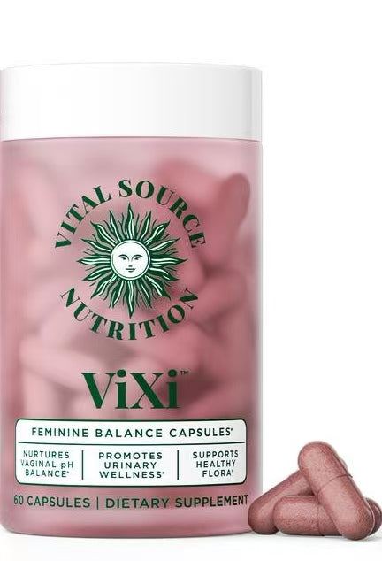 Pink feminine balance capsules bottle with ViXi branding and 60 capsules label
