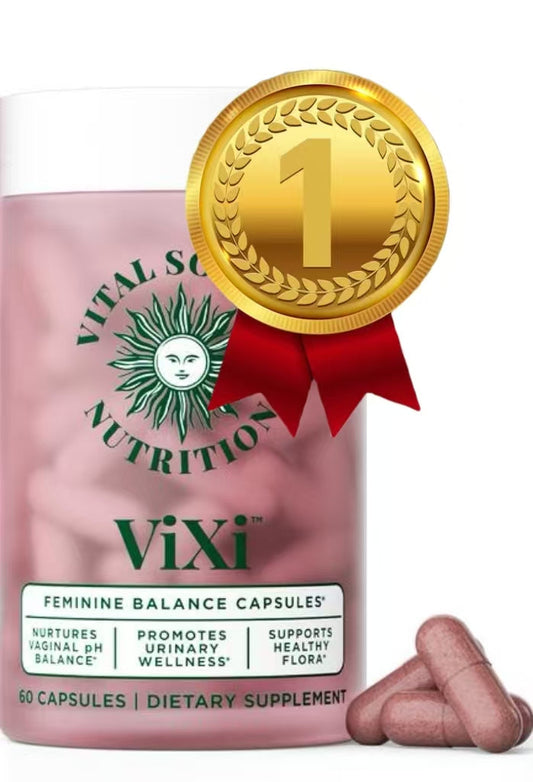 ViXi feminine balance capsules bottle with gold 1 medal badge and hand holding capsules