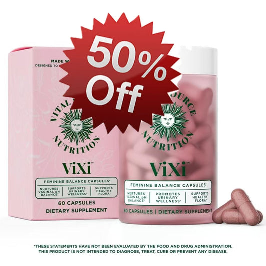 Two pink feminine balance capsules bottles with red '50% Off' discount badge