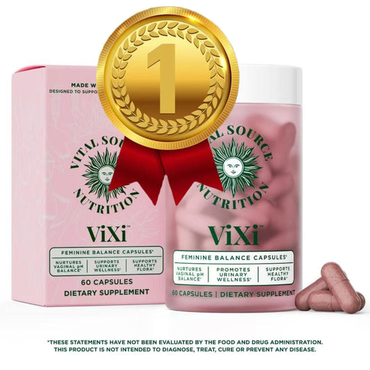 Feminine balance capsules bottle with gold '1' medallion and pink label, 60 capsules
