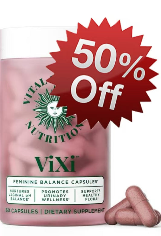 Feminine balance capsules bottle with 50% Off badge and ViXi branding, pink jar