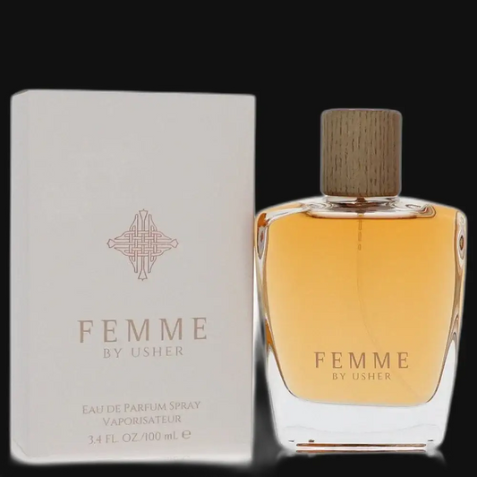Femme by Usher women’s eau de parfum spray bottle with wooden-look cap and matching box.