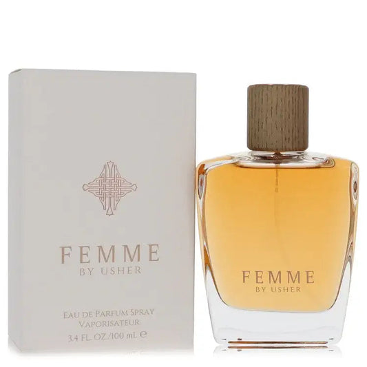 Femme by Usher women’s eau de parfum bottle with wooden-look cap and white 100 mL box.
