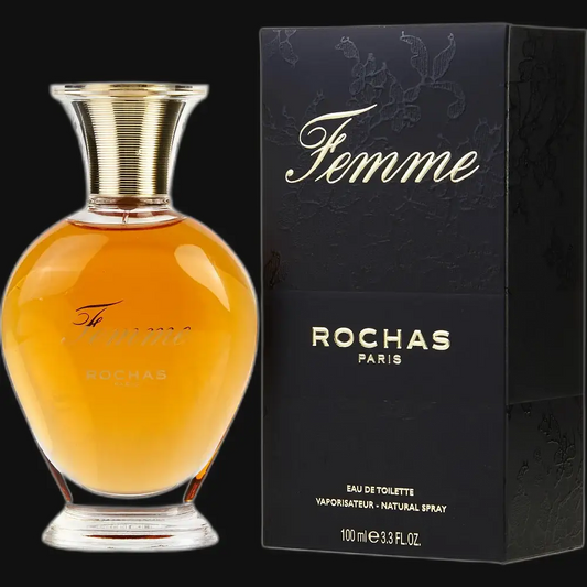 Women’s Eau de Toilette spray set with amber glass perfume bottle and dark Rochas box