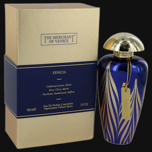 The Merchant of Venice eau de parfum set: blue bottle with gold cap and leaf design.