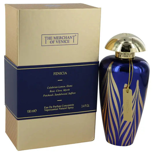 The Merchant of Venice eau de parfum bottle and box, cobalt blue with gold cap.