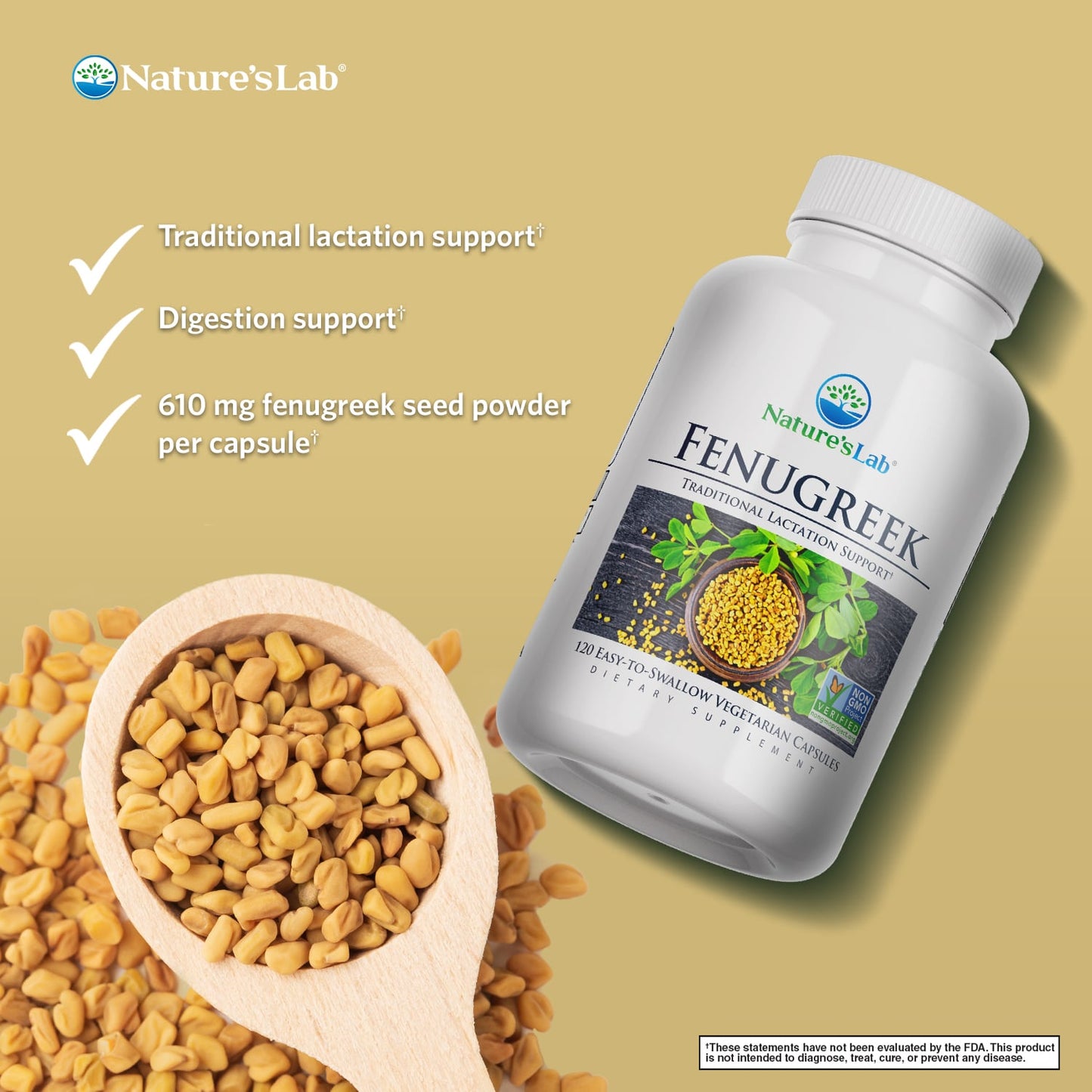 Fenugreek supplement bottle with fenugreek seed powder and spoon, 120 vegetarian capsules