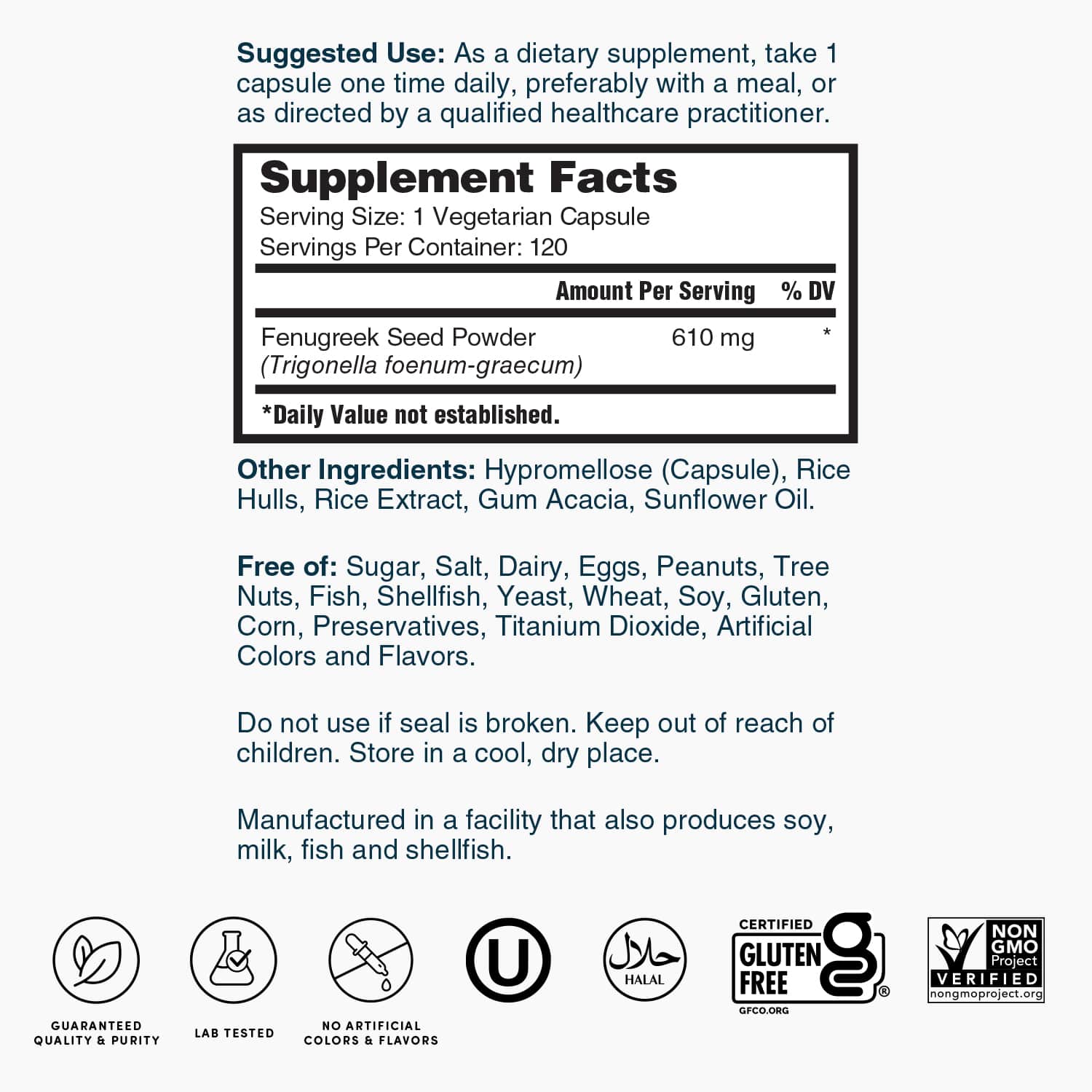 Supplement Facts label for fenugreek seed powder, 1 vegetarian capsule serving