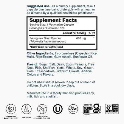 Supplement Facts label for fenugreek seed powder, 1 vegetarian capsule serving