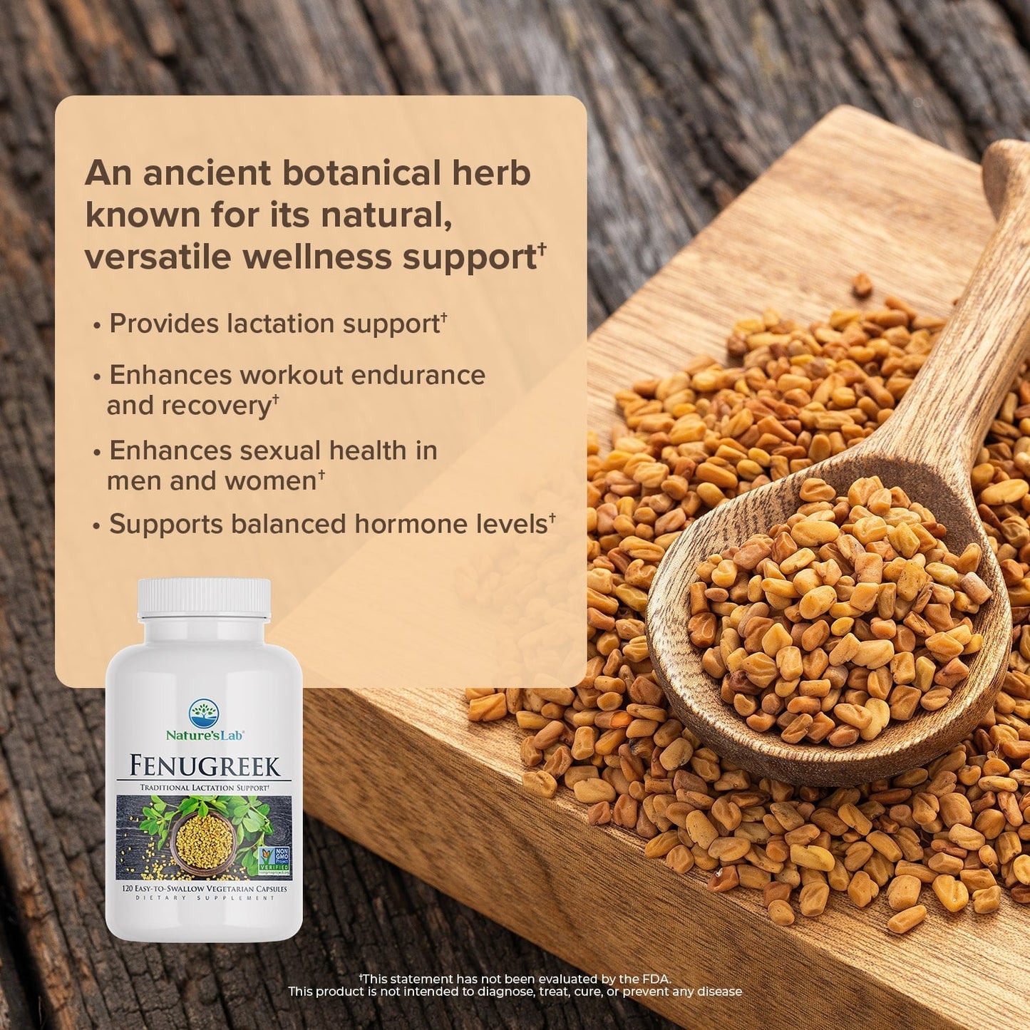 Fenugreek supplement bottle with fenugreek seeds in wooden spoon and herb description card