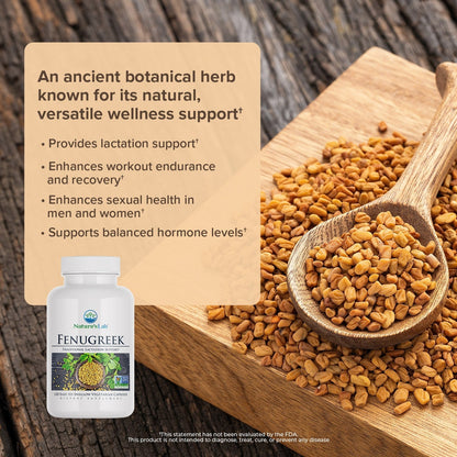 Fenugreek supplement bottle with fenugreek seeds in wooden spoon and herb description card