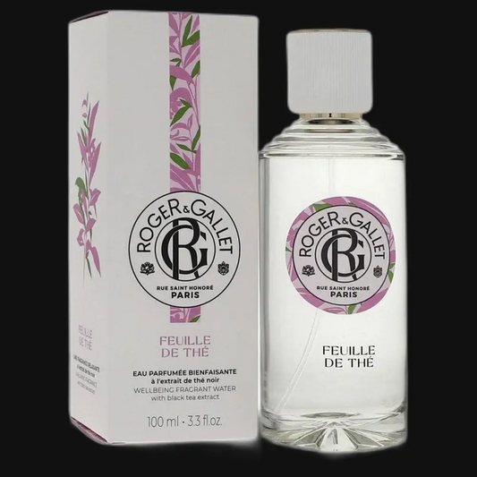 Fragrance water bottle and box, clear glass with purple tea-leaf label