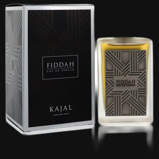 Unisex Fiddah eau de parfum bottle with box, amber liquid, geometric label design