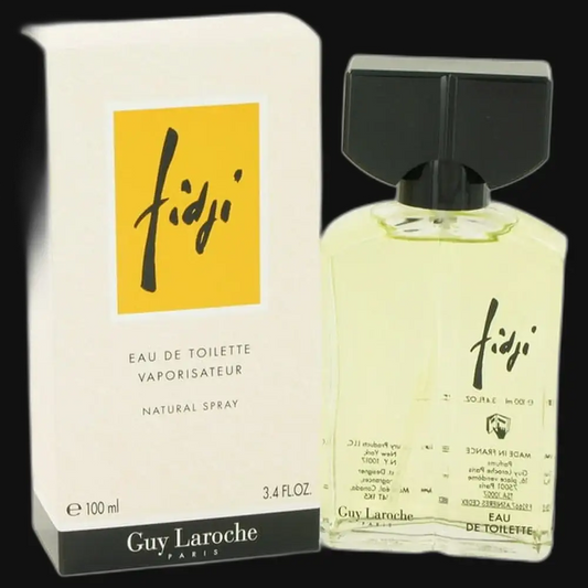 Women’s eau de toilette spray bottle and box, 100 ml; black cap, pale yellow liquid