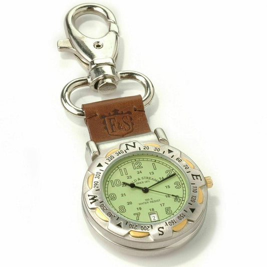 Pocket compass watch with green dial and brown leather keychain strap