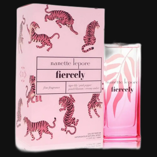 Women's perfume with pink Fiercely box and pink glass bottle with leaf design