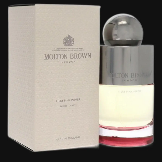 Molton Brown Fiery Pink Pepper eau de toilette bottle with pink liquid and gift box