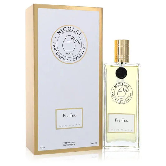 Eau de toilette perfume bottle and upright presentation box, Fig-Tea label