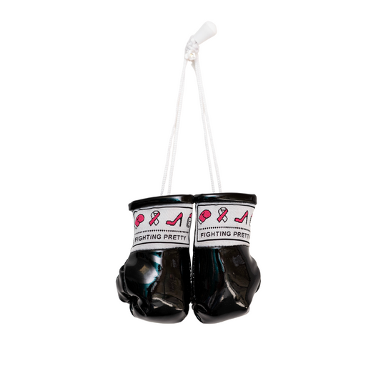 Mini boxing gloves, black with colorful Fighting Pretty logo patches