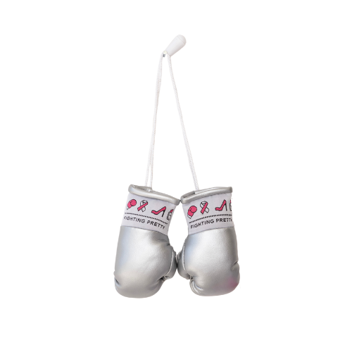 Mini boxing gloves, silver with wrist laces and printed logo patch