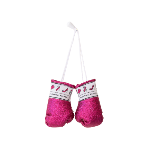 Mini boxing gloves, sparkly pink with white laces and striped cuffs