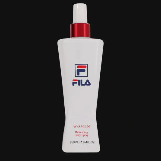 Fila women’s body spray perfume bottle, white with red cap and label