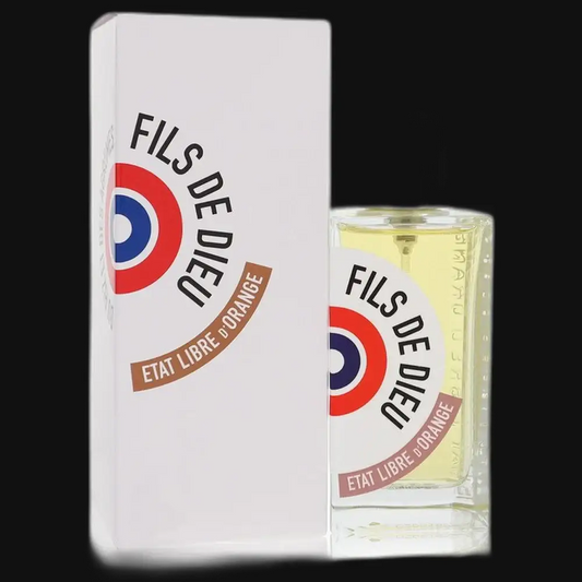 Unisex perfume set by Etat Libre d'Orange: white box and glass bottle with yellow liquid