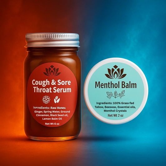 Cough & sore throat serum bottle and menthol balm tin, amber glass and white lid