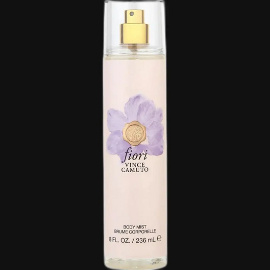 Women’s perfume bottle with gold spray cap, pale pink body, and purple flower label
