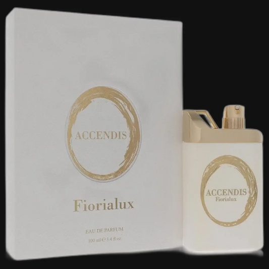 Fiorialux eau de parfum set with white box and matching bottle, gold ACCENDIS logo