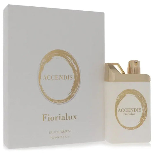 Fiorialux eau de parfum bottle and presentation box with gold oval ACCENDIS logo