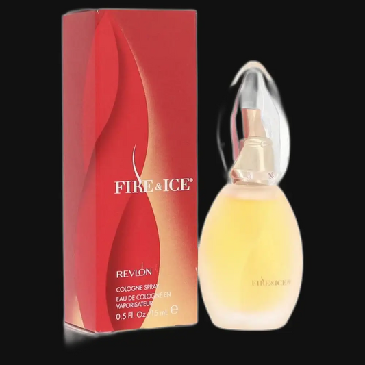Women’s perfume bottle with gold sprayer, yellow liquid, and red Fire & Ice box