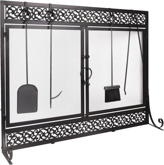 Black metal fireplace spark screen with two mesh doors and decorative scrollwork