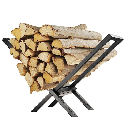 Black steel firewood log rack with X-shaped legs holding stacked cut wood logs