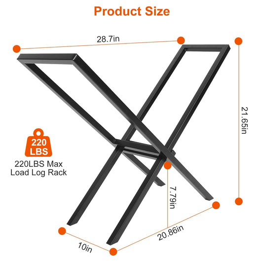 Black steel log rack with X-cross design, supporting stacked firewood logs