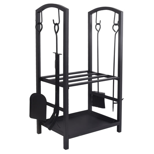 Black wrought-iron log holder rack with hinged hook arms and lower storage shelf