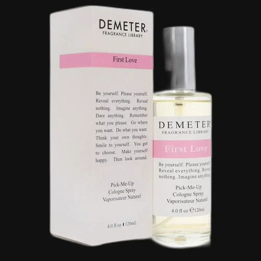 Women's perfume set: Demeter First Love bottle with silver cap and pink-banded box