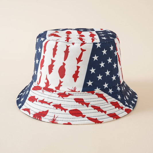 American flag bucket hat with stars, red silhouette streaks, and white brim trim