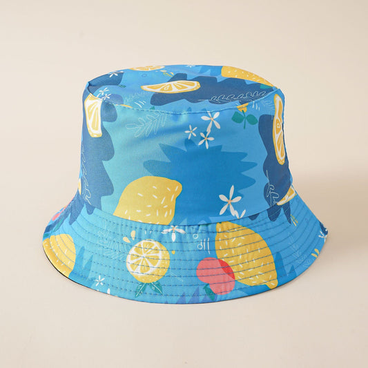Blue fruit-pattern bucket hat with wide brim and stitched chin strap loops
