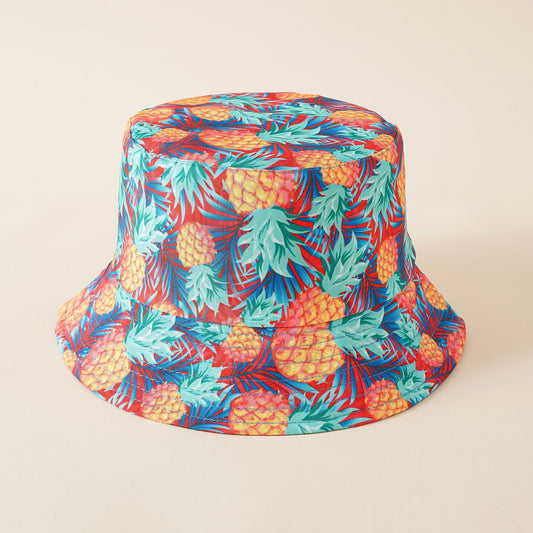 Pineapple and tropical leaf print bucket hat with wide brim