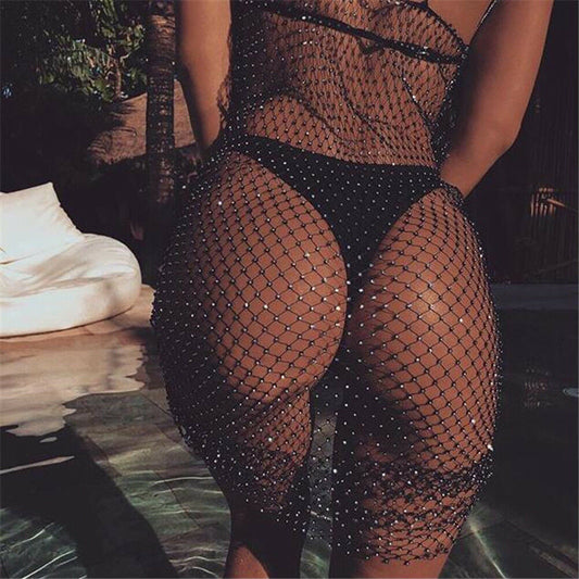Black crystal fishnet beach cover-up with deep V back and cheeky cut