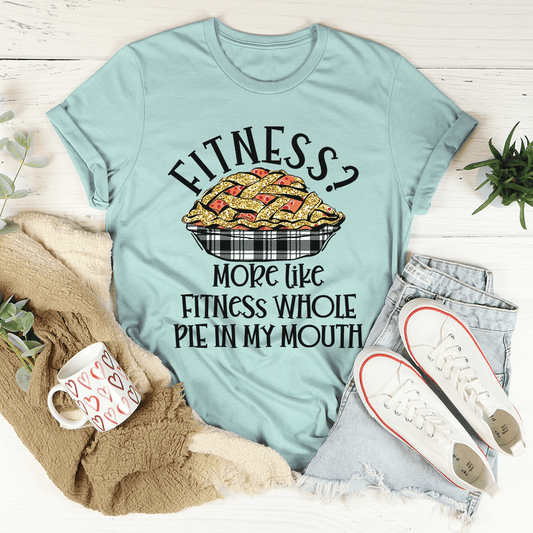 Heather blue T-shirt with Fitness and pie slogan graphic, crew neck