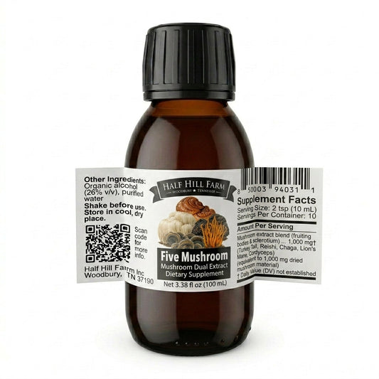 Five Mushroom Dual Extract liquid supplement bottle, back label, black cap