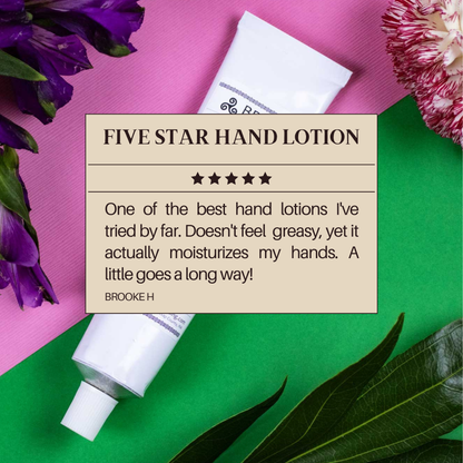 Hand lotion tube with BRIGID BELTANE label beside star-rating card