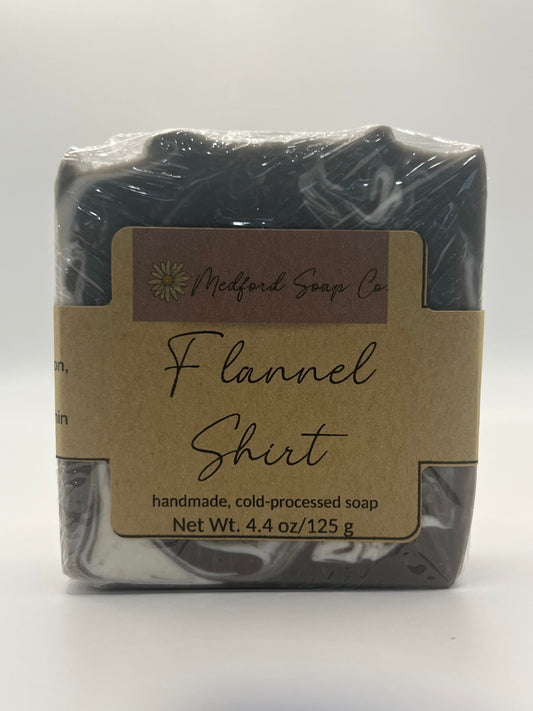 Flannel Shirt cold-processed soap bar, dark marbled in clear wrap