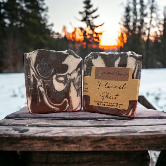 Flannel Shirt cold-processed soap bar set, two dark marbled bars with labels