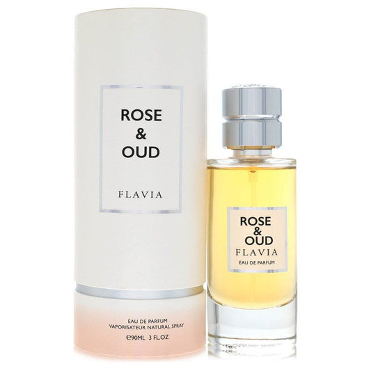 Eau de parfum spray bottle with Rose & Oud label, white cap, and gold liquid