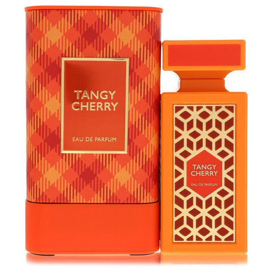 Tangy Cherry eau de parfum spray bottle and cylindrical box, orange with patterned label