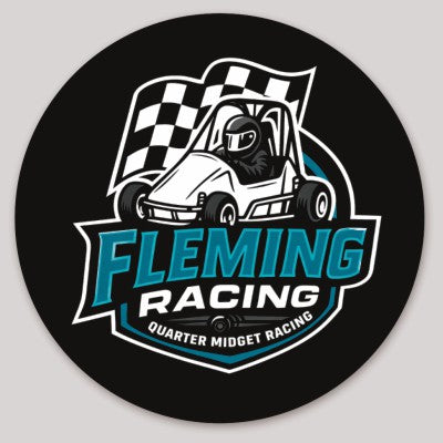 Round black racing sticker with white checkered flag, car graphic, and text 'Fleming Racing'.
